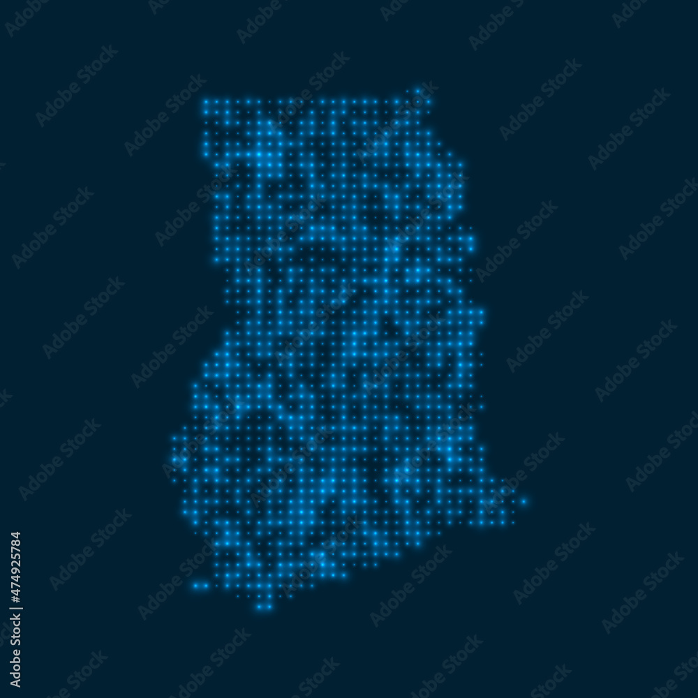 Ghana dotted glowing map. Shape of the country with blue bright bulbs. Vector illustration.