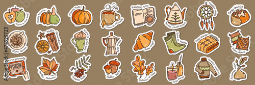 Set of color hand-drawn autumn hygge mood vector illustrations in doodle style. Cozy cute cartoon collection isolated on white background for seasonal decoration.