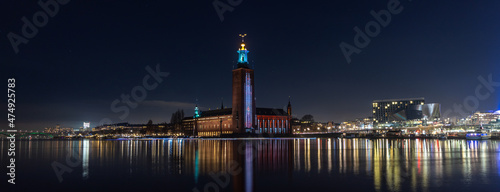 Tela Stockholm city hall at night from Riddarholmen.