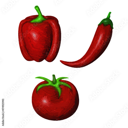 Perey and tomato. Volumetric illustration. Oil strokes. Electronic painting. White background.