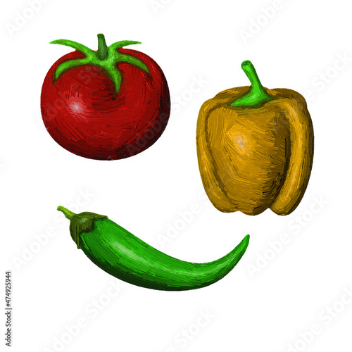 Perey and tomato. Volumetric illustration. Oil strokes. Electronic painting. White background.