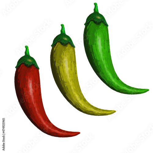 Perey and tomato. Volumetric illustration. Oil strokes. Electronic painting. White background.