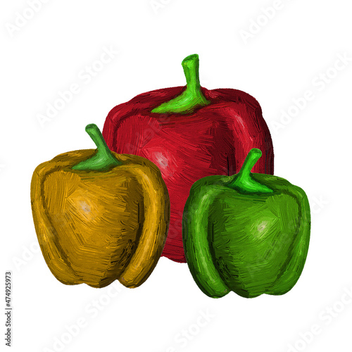 Perey and tomato. Volumetric illustration. Oil strokes. Electronic painting. White background.