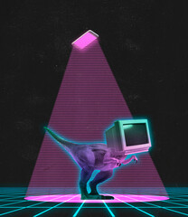 Contemporary art collage of retro dinosaur with old computer screet isoated over dark neon background