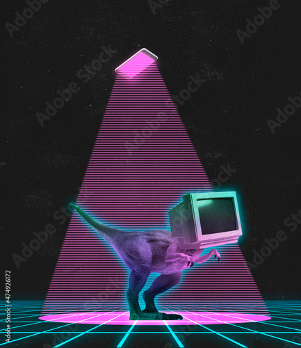 Contemporary art collage of retro dinosaur with old computer screet isoated over dark neon background photo