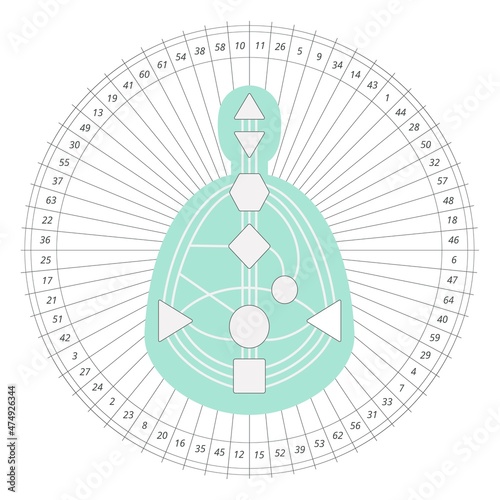 Mandala human design with bodygraph and gates numbers. For presentation, educational materials. Green, black and white vector illustration