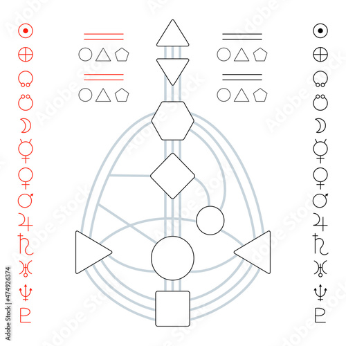 Human design bodygraph template vector illustration with channels, gates, centers, planet signs. For filling personal data, for education and practical use.