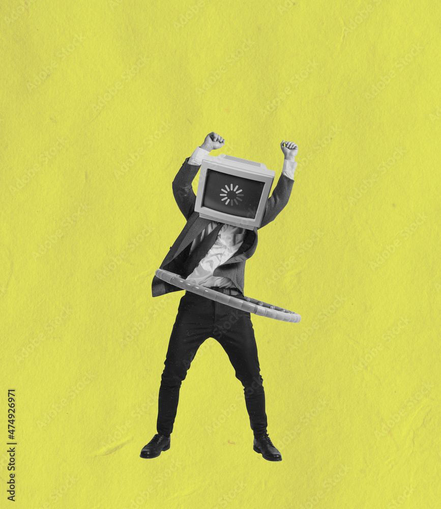 Contemporary art collage of man in a suit with retro computer head twisting wrap isolated over yellow background - obrazy, fototapety, plakaty 