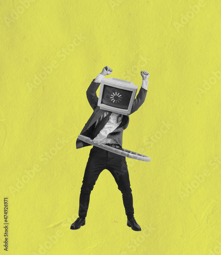 Contemporary art collage of man in a suit with retro computer head twisting wrap isolated over yellow background photo