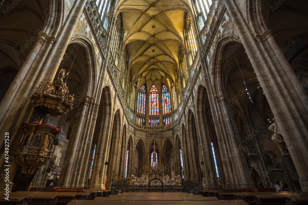 Prague, Czech Republic, June 2019 -  inner view of the famous St. Vitus Cathedral 	