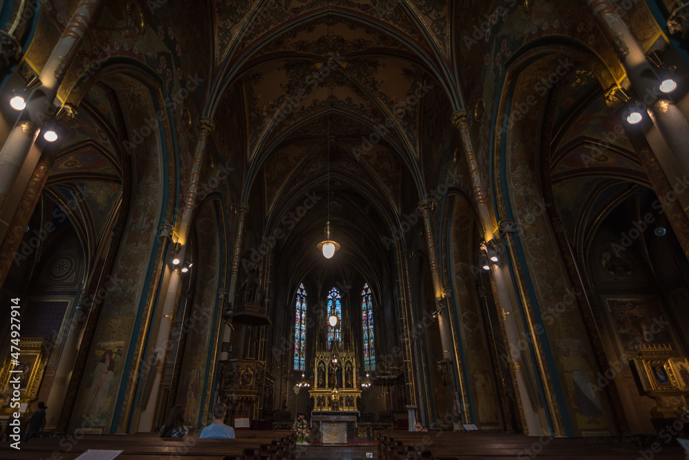 Prague, Czech Republic, June 2019 - inner view of Basilica of St. Peter and St. Paul at Vyšehrad Cemetery