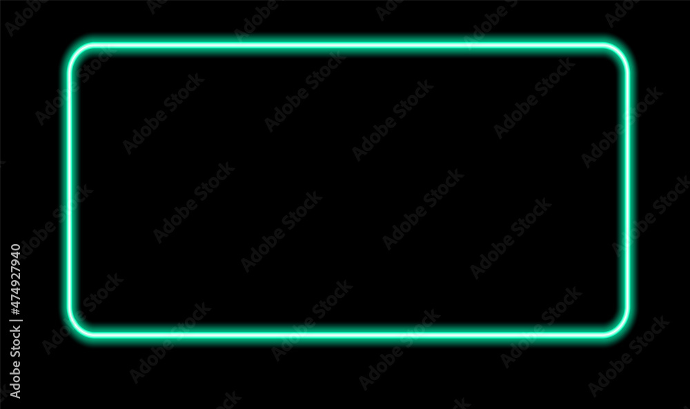 turquoise neon rectangle. abstract frame horizontal rectangle with rounded corners glows green in the dark, with empty space for text on a black background turquoise neon rectangle. abstract frame horizontal rectangle with rounded corners glows green in the dark, with empty space for text on a black background