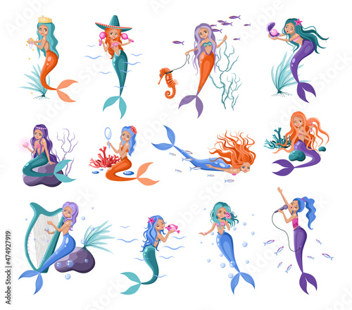 Collection of illustrations with mermaids. Fairy-tale characters of the underwater world.