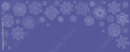 Snowy panoramic background of crystal snowflakes in very peri color. Hand drawn vector illustration of winter weather. Template for Christmas and New Year cards. Banner falling snow flakes.