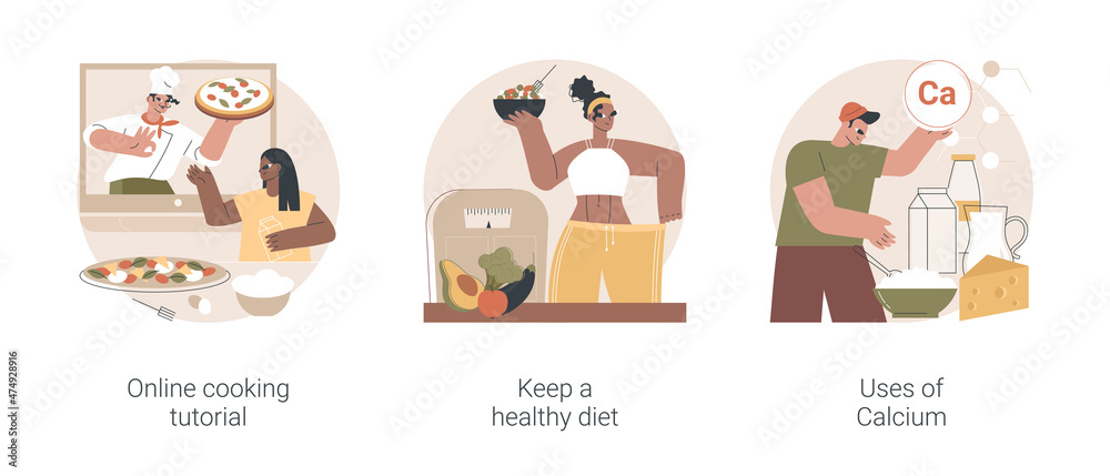 Food and nutrition tips abstract concept vector illustration set. Online cooking tutorial, keep a healthy diet, uses of Calcium, culinary video course, home chef, food blogger abstract metaphor.
