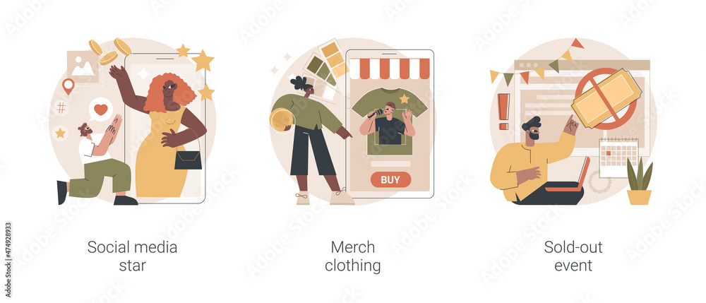 Celebrity media engagement abstract concept vector illustration set. Social media star, merch clothing, sold-out event, account monetization, branded design, show overbooking abstract metaphor.