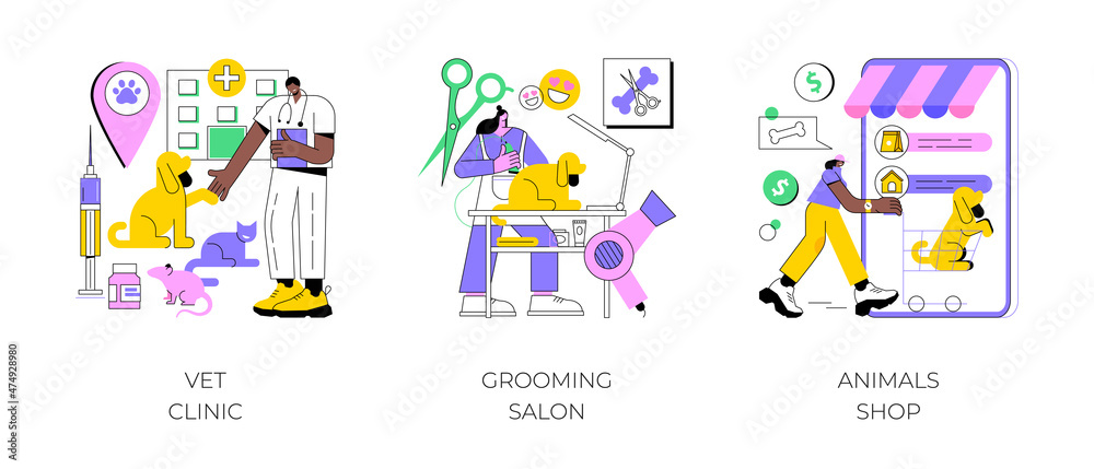 Animal service and care abstract concept vector illustration set. Vet clinic, grooming salon, animals shop, veterinary hospital, pet goods e-shop, pets vaccination, doggie spa abstract metaphor. Animal service and care abstract concept vector illustration set. Vet clinic, grooming salon, animals shop, veterinary hospital, pet goods e-shop, pets vaccination, doggie spa abstract metaphor.
