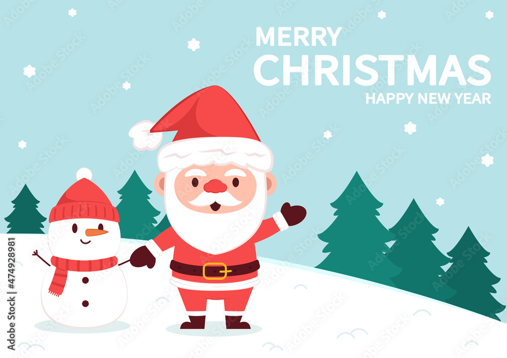 Merry Christmas and happy new year 2022 greeting card. Santa Claus cartoon Cute Christmas mascot.