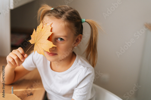 Close-up face of funny little girl holding beautiful dried maple leaf to create herbarium diy at home, looking at camera. Cute kid planning creating artwork from leaves. Concept of cozy autumn mood.