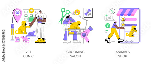 Animal service and care abstract concept vector illustration set. Vet clinic, grooming salon, animals shop, veterinary hospital, pet goods e-shop, pets vaccination, doggie spa abstract metaphor.