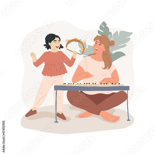 Singing song with a child isolated cartoon vector illustration. Mom sings to a child, memorize new words, fun language learning, toddler singing together with parent, daycare cartoon vector.