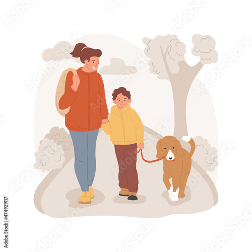 Walking a dog isolated cartoon vector illustration. Kid and parent walking a dog on a leash, walking outside together, caring for a pet, family daily routine, domestic animal cartoon vector.