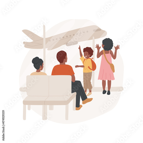 Family at the airport isolated cartoon vector illustration. Family sitting at airport departure zone, kids watching planes in the window, waiting for a flight, holiday travel cartoon vector.