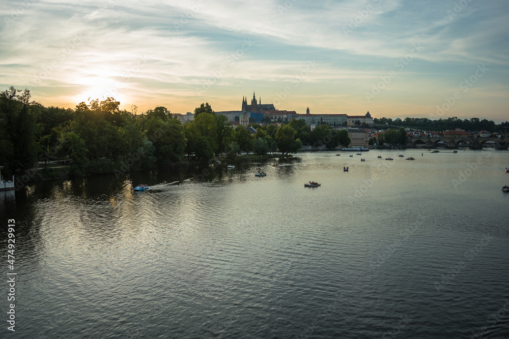 Fototapeta premium Prague, Czech Republic, June 2019 - beautifu sunset view of Prague by the Vltava River