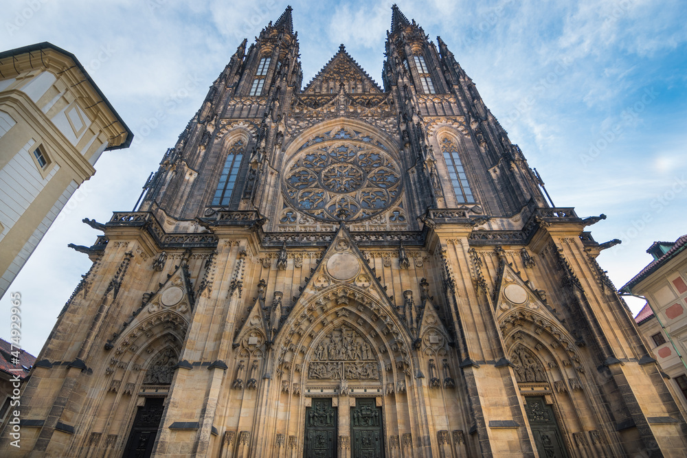 Prague, Czech Republic, June 2019 - front view of St. Vitus Cathedral at Prague Castle Prague, Czech Republic, June 2019 - front view of St. Vitus Cathedral at Prague Castle