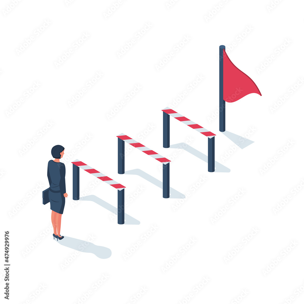 Conquering adversity. Hurdle on way concept. Businesswoman obstacle metaphor. Overcoming obstacle on road. Barrier on way to success. Vector illustration isometric 3d design. Isolated white background Conquering adversity. Hurdle on way concept. Businesswoman obstacle metaphor. Overcoming obstacle on road. Barrier on way to success. Vector illustration isometric 3d design. Isolated white background