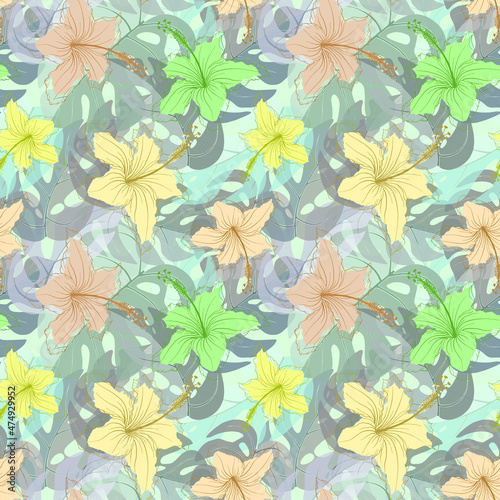 Hibiscus flowers and monstera leaves irregular seamless pattern. Toss repeat floral tropical endless texture. Exotic pastel boundless background. Summer paradise plants random repeat surface design