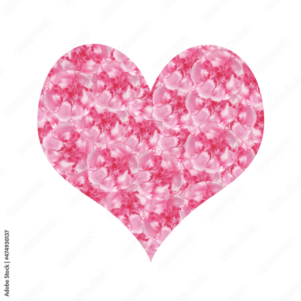 Pink heart made of flowers. Valentine's day illustration. Greeting romantic card for lovers. Element of wedding design. Love symbol