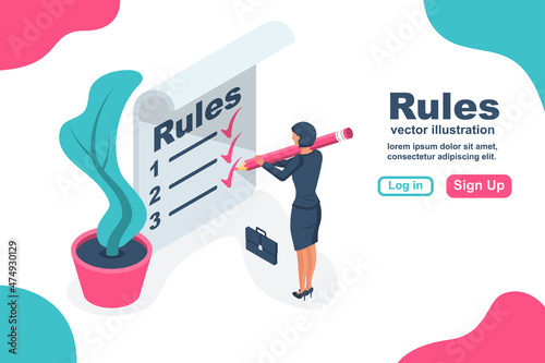 Landing page Rules. Businesswoman write in notebook regulations. Checklist with requirements. Rule list on blank. Vector illustration isometric 3d design. Isolated on white background.