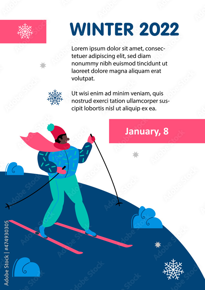 Winter Sport Skiing Poster. Skier in motion Winter-time. Sports template of flyer, magazines, banners. Active lifestyle invitation concept. Flat vector cartoon illustration.
