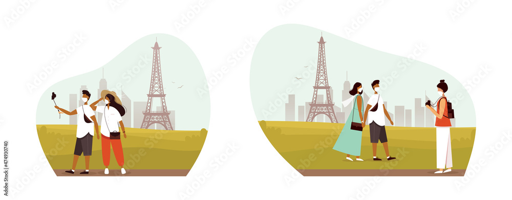 Obraz premium A group of tourists travel in medical protective masks across Europe, France, Paris. Traveling during the coronavirus epidemic.