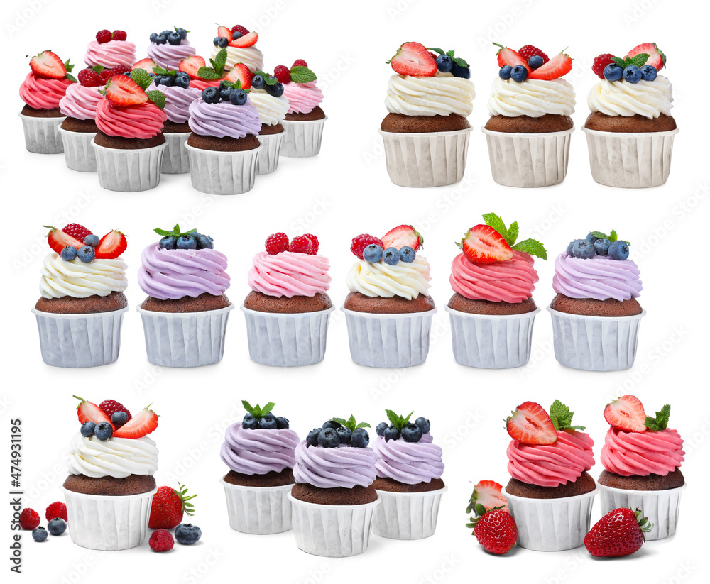 Set with delicious cupcakes on white background