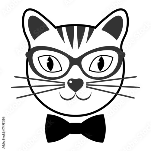 Illustration of a cute muzzle of a cat with glasses and a bow on a white background