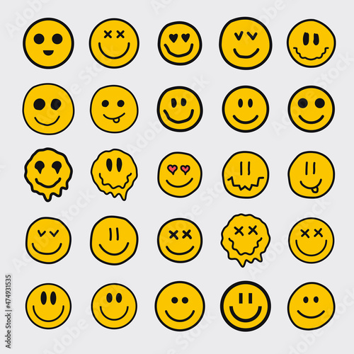 Pack of Cool Trendy Smiley Icons. Hand Drawn Smile Happy Stickers, Patches and Pins Collection. photo