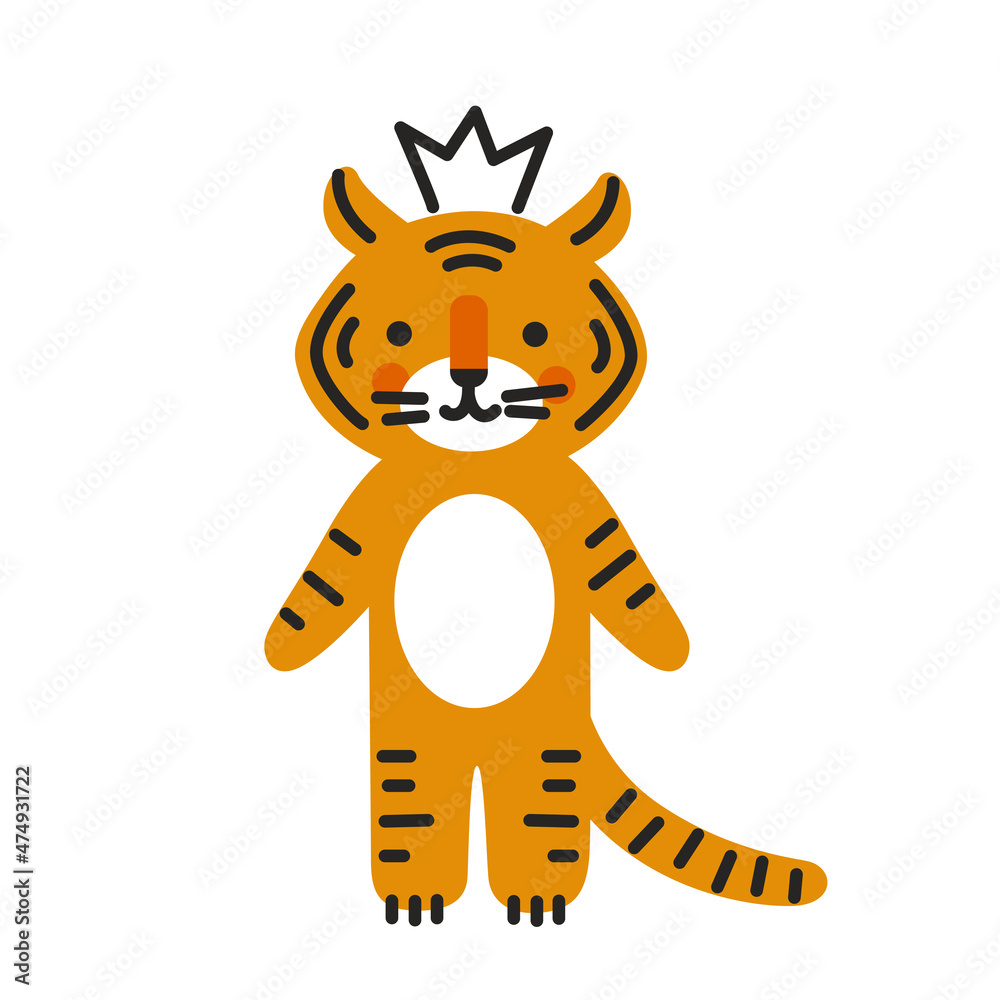 Cute cartoon little tiger wearing crown. Chinese animal of the year 2022, new year symbol. Kawaii character for banner, poster, greeting card, calendar and print. Vector illustration.