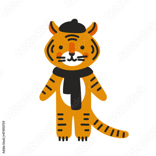 Fototapeta Naklejka Na Ścianę i Meble -  Cute cartoon little tiger wearing scarf and beret. Chinese animal of the year 2022, new year symbol. Kawaii character for banner, poster, greeting card, calendar and print. Vector illustration.