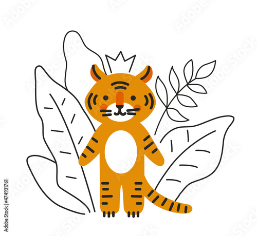 Cute tiger, wild animal. Linear tropical thickets on the background. Chinese symbol of new year 2022. Cartoon character for print, poster, calendar. Vector illustration.