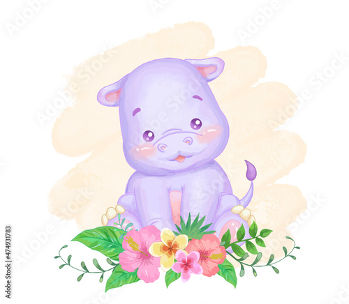 Baby hippo with tropical flowers. Vector illustration. Watercolor painting.