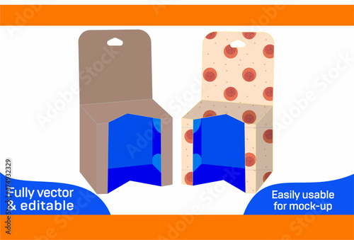Window straight tuck end box or mobile charger box with hanger dieline template and 3d box