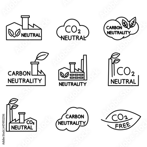 Carbon neutral. Set of CO2 recycling icons. Eco factory symbol. Net zero carbon footprint. No air atmosphere pollution