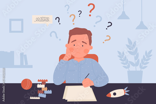 Boy with learning troubles vector illustration. Cartoon tired school child sitting at table and writing, thinking about hard homework with question marks above head. Difficulty in education concept