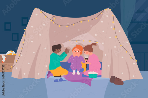 Kids sitting in home teepee together at night vector illustration. Cartoon cute girls listening magic horror story of boy storyteller, children hiding in homemade tent. Imagination, childhood concept