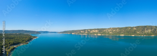 The panoramic view of Lac de Sainte-Croix and its countryside in Europe, France, Provence Alpes Cote dAzur, Var in the summer on a sunny day.