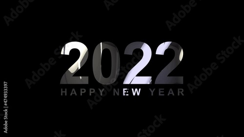 2022 Happy New Year bright silver text with looping light glowing effect animation on black. 4K 3D seamless loop typography design. 2022 Happy new year celebration festival.