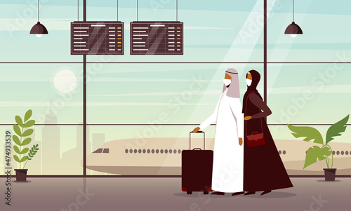 Arabian Passengers people traveler wearing face medical protection masks walking at airport gate terminal lounge traveling on holiday during pandemic outbreak. Airplanes behind glass window.
