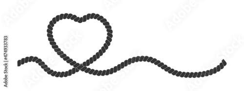 Heart shaped rope string. Black cord isolated on white background. Valentine day design element in vintage nautical style. Vector graphic illustration.